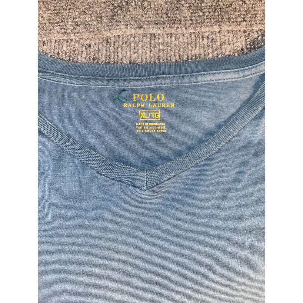 Polo Ralph Lauren Tee Shirt Mens XL Blue Solid Relaxed Fit Rib V Neck‎ Pony Logo